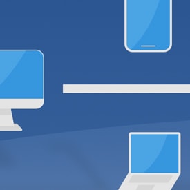 A computer monitor, smartphone, and laptop appear against a blue background, suggesting connectivity. A horizontal white line visually connects these devices, symbolizing synchronization or communication between them.