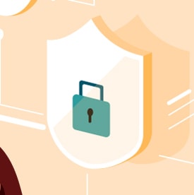 A teal padlock symbol is centered on a white shield against a peach background, conveying security or protection.