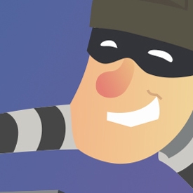 A cartoon character with a black mask and striped shirt grins widely. They appear to be in motion against a plain purple background.