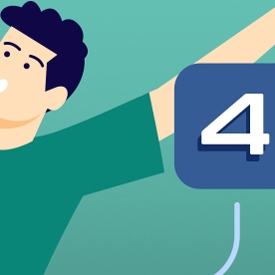A cartoon person extends their arm outward while wearing a green shirt. A stylized notification bubble with the number "4" appears near their hand against a teal background.