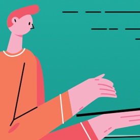 A stylized, pink humanoid figure with an orange outfit gestures with an outstretched hand against a green background adorned with abstract lines.