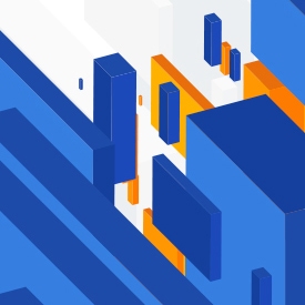 Geometric shapes in blue, orange, and white rise vertically, interlocking at varying heights, creating a layered, abstract cityscape against a white background.