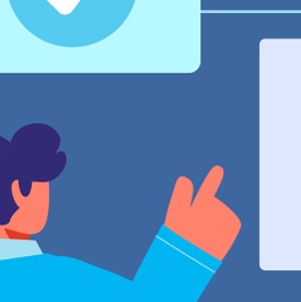 A person with dark hair points upward, against a blue background, next to a large checkmark symbol in a square and a blank rectangular panel.