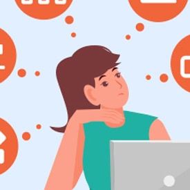 A person sits at a computer, appearing thoughtful, surrounded by orange icons featuring various symbols. The background is light blue, creating a focused and contemplative atmosphere.