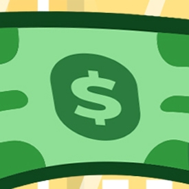 A cartoon green dollar bill displays a dollar sign in the center, set against a background of yellow and white stripes.