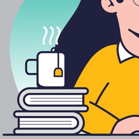 A steaming mug with a tea bag sits atop a stack of books, next to a person wearing a yellow sweater, implying a relaxed reading or study environment.