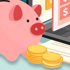 A pink piggy bank sits near a stack of gold coins, beside an open laptop displaying financial symbols. The setting suggests financial savings or online banking.