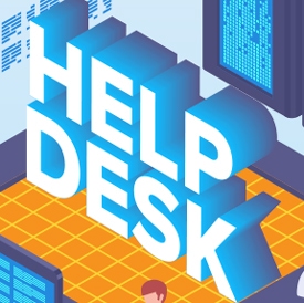 The text "HELP DESK" in large, 3D letters stands prominently, surrounded by digital screens displaying blue data on a grid-patterned floor, suggesting a tech support environment.