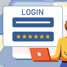 A person uses a laptop next to a login interface displaying "LOGIN" and password fields, set against a digital-themed background.