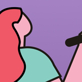 A stylized person with red hair uses a black microphone. The simplistic design features a purple background and a teal shirt.