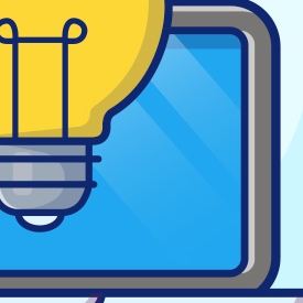 A large yellow light bulb overlaps a computer screen displaying a solid blue background, set against a light blue backdrop.