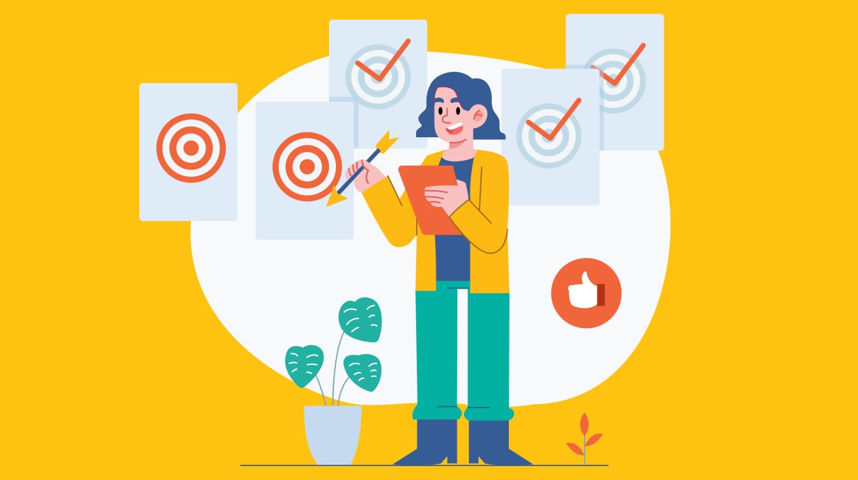 A person holds a checklist and pencil, standing among target illustrations with checkmarks. A thumbs-up icon and a potted plant decorate the yellow and white background.