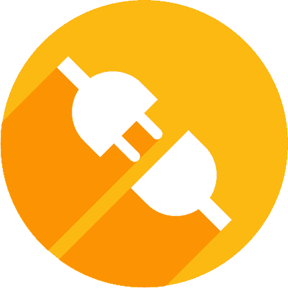 Two white electrical plugs, disconnected and facing each other, are centered on a divided orange and yellow circular background, symbolizing a separation or unplugging concept.