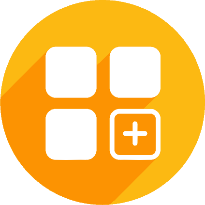 Four white squares with one containing a plus sign appear in a circle. They are arranged with shadowing, set against a bright orange background, suggesting a user interface element or app.