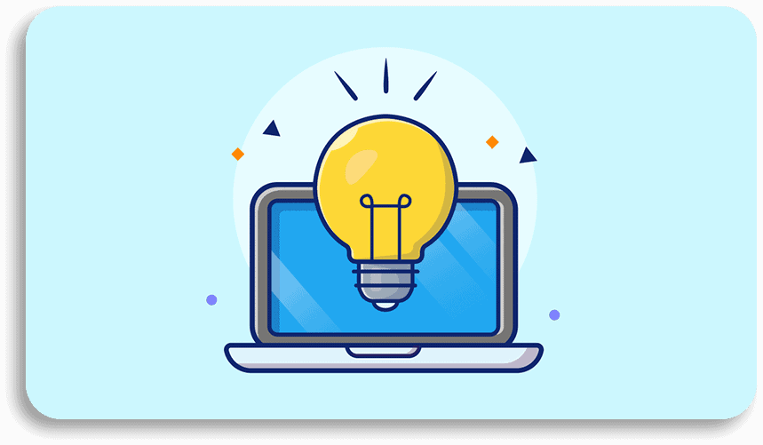 A large yellow lightbulb shines over an open laptop, surrounded by small geometric shapes, set against a light blue background.