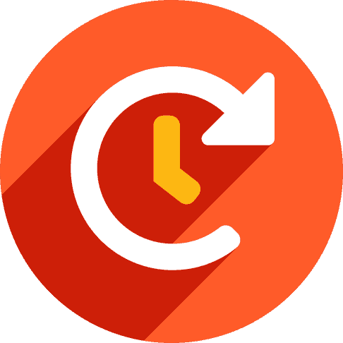 A stylized clock encircled by an arrow suggests recycling or replaying. The clock features a yellow and orange color scheme on a red-orange background, emphasizing a notion of time or renewal.