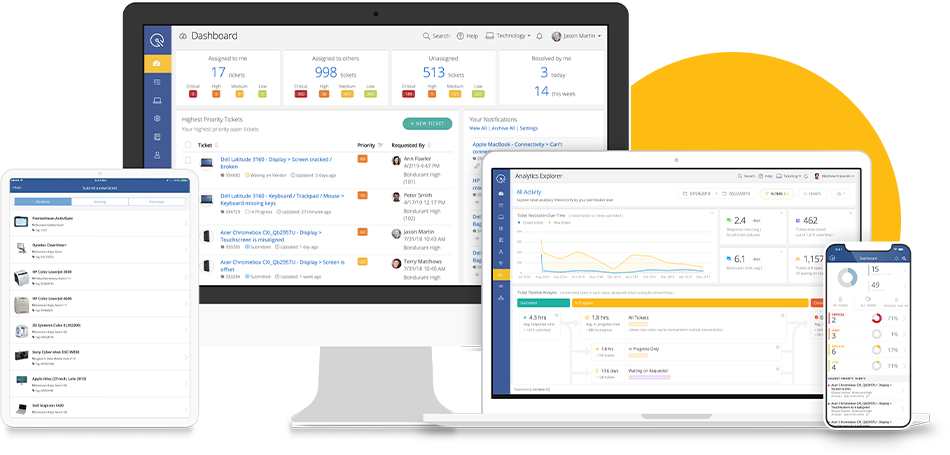 Devices displaying software interfaces: a tablet showing a ticket manager, a computer monitor with a dashboard, a laptop with analytics, and a smartphone with system information, all in a digital workspace.