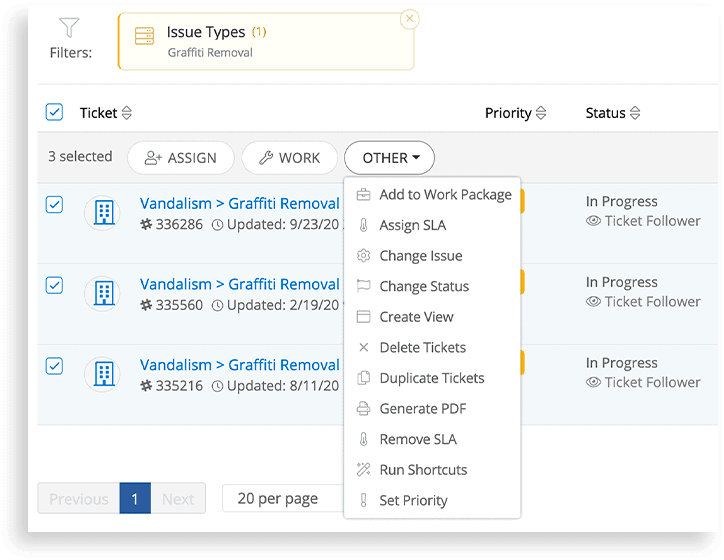 A management interface displays graffiti removal tickets, with actions like "Assign" and "Work" available. A dropdown menu with options like "Add to Work Package" and "Assign SLA" is shown.