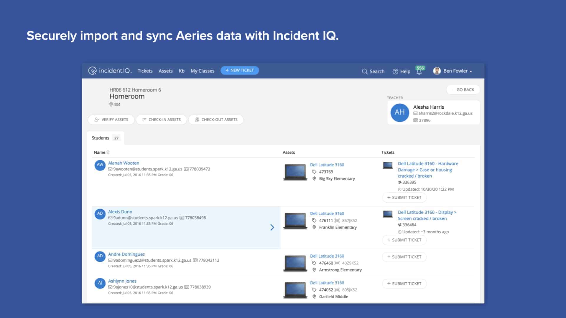 Dashboard displaying data import in progress; several items are listed with timestamps and status indicators. Text at top: "Securely import and sync Aeries data with Incident IQ."