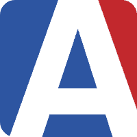 A stylized letter "A" in blue and white is centered, flanked by a vertical blue stripe on the left and a red stripe on the right, forming a square shape.