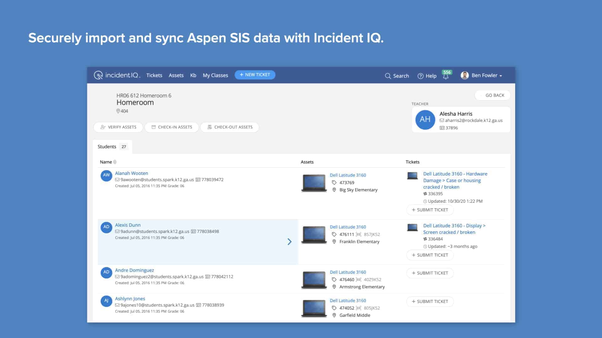 A software interface displays a list of imported data, featuring user profiles and entries. The top bar includes tabs like "Dashboard" and "Analytics." Text reads: "Securely import and sync Aspen SIS data with Incident IQ."