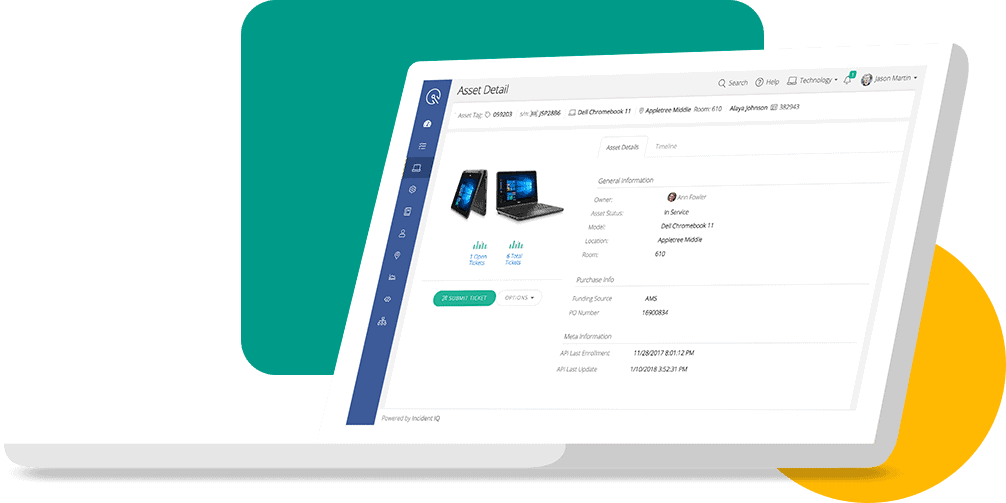 Laptop with School Asset Management Software screen image sits in front of green rectangle and yellow circle.