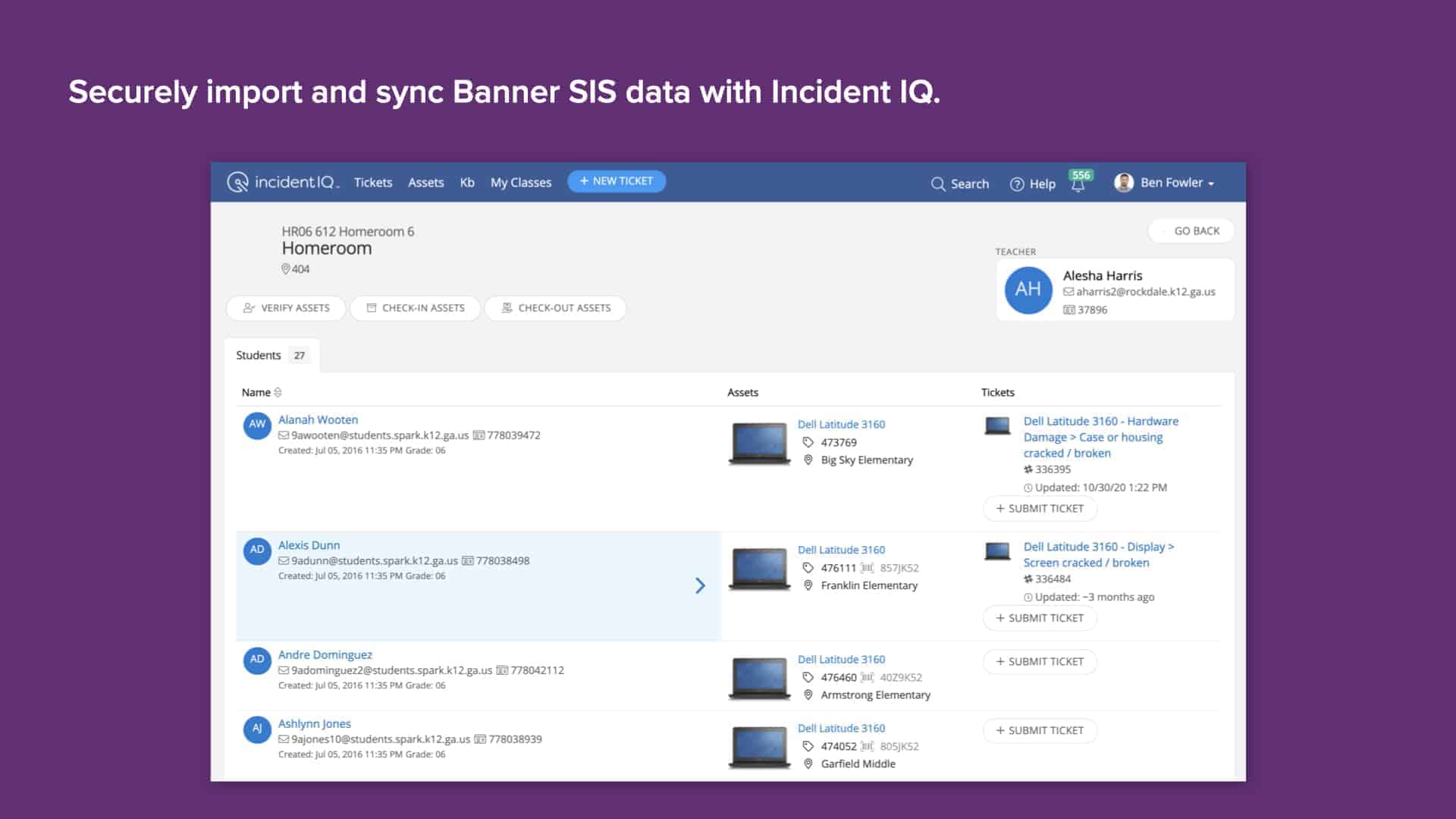 Purple background with Incident IQ's SIS data import and sync screen