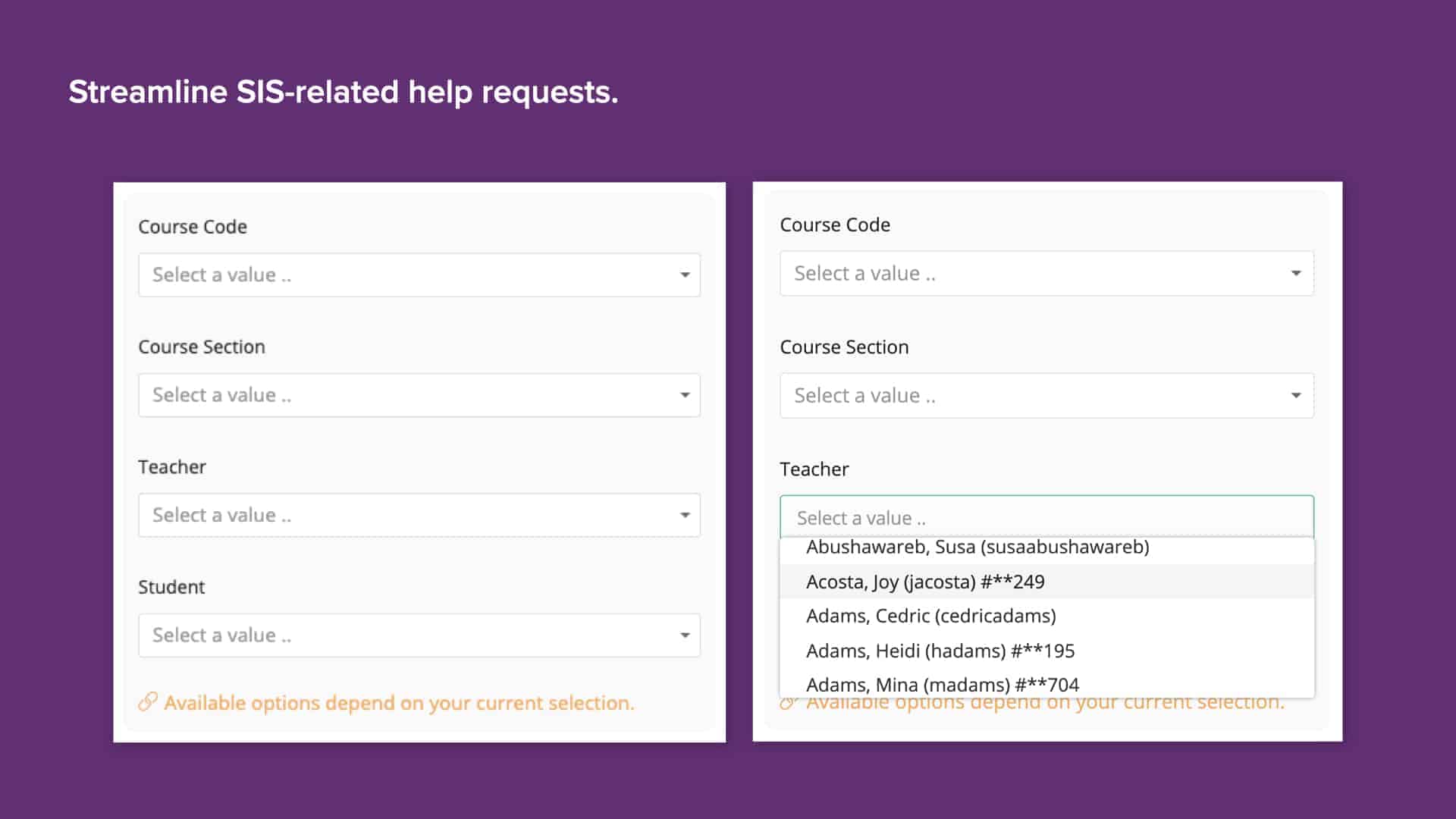 Purple background with screenshot of Incident IQ’s course code and student selectors