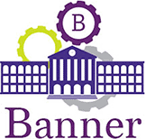 A stylized building logo with a purple gear labeled "B" above it, accompanied by the word "Banner" underneath. The background features overlapping gold and gray gears.
