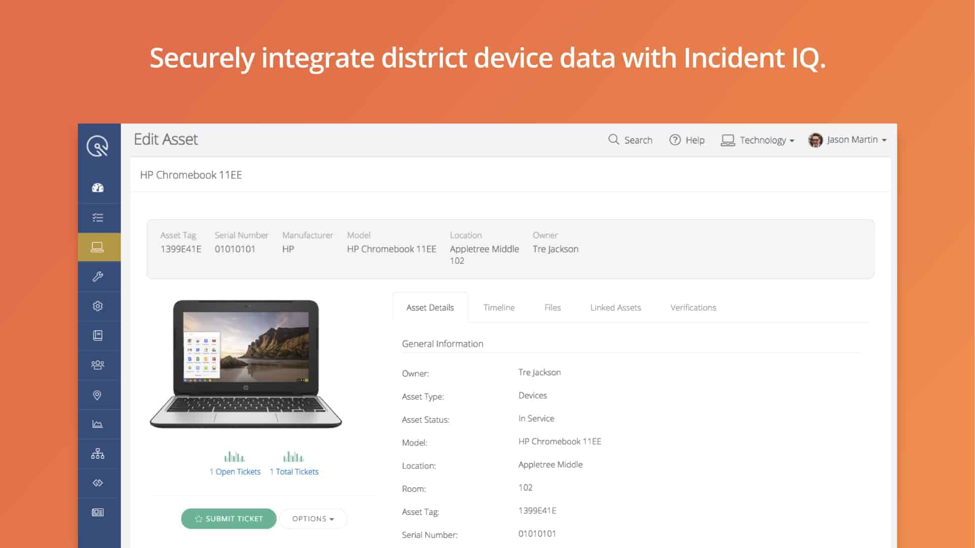 Orange background with screenshot Incident IQ's Asset Details screen