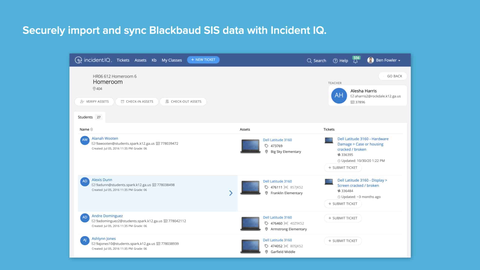Blue background with Incident IQ's Backbaud SIS data import and sync screen