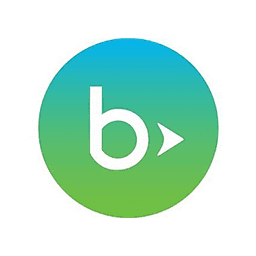 A lowercase "b" alongside a triangular play button sits inside a blue-to-green gradient circle, representing a logo.