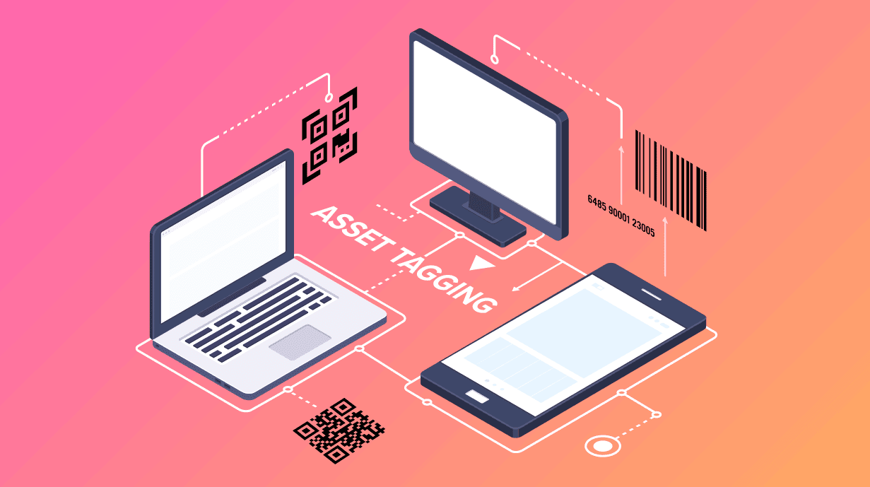 Cartoon image of asset tagging for laptops, desktops, and tablets with barcodes and QR codes
