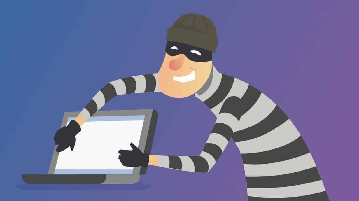 Cartoon image of burglar grabbing a laptop