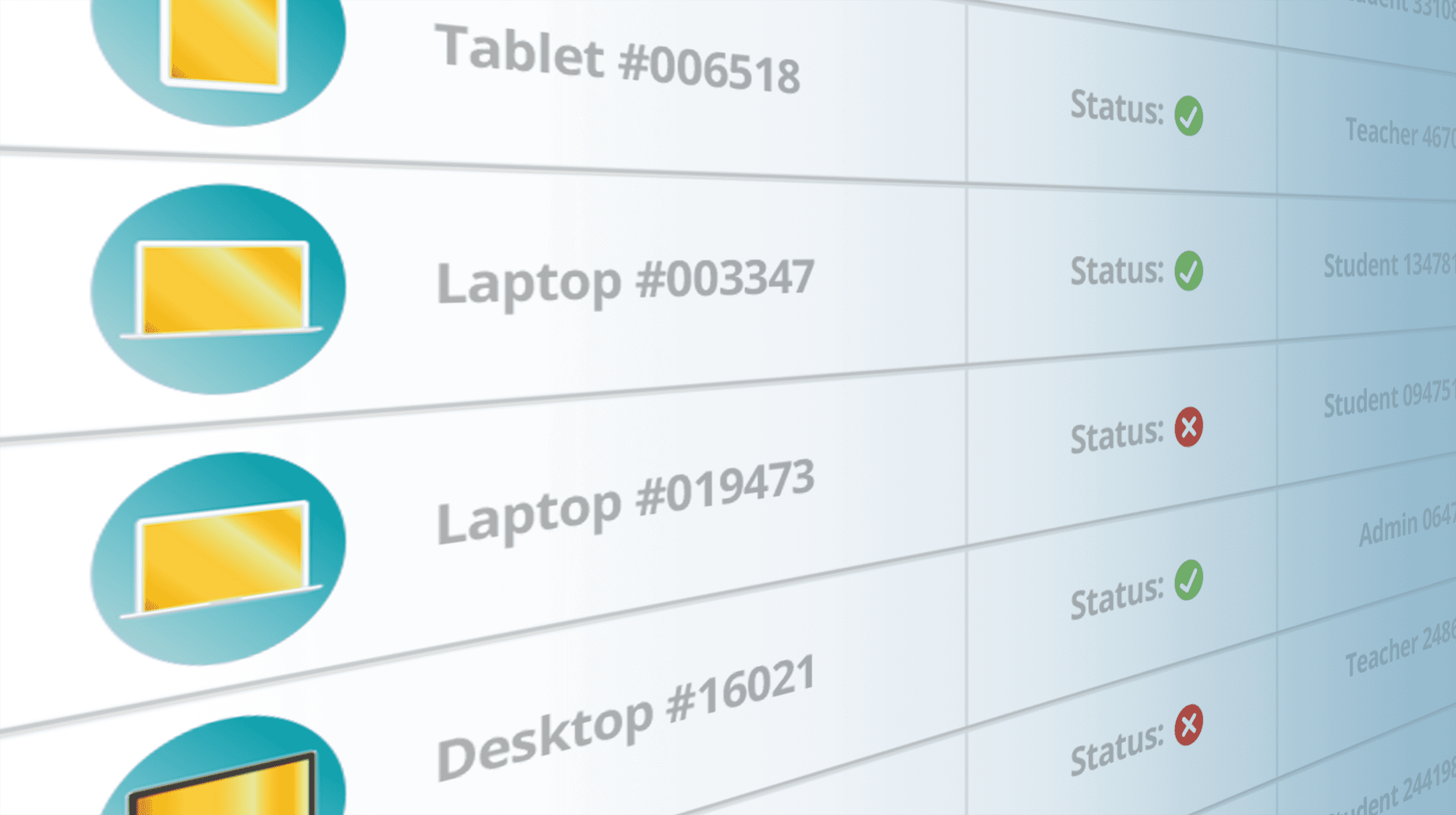 Image of list of specific desktops and laptops with status updates and teacher/student ID numbers