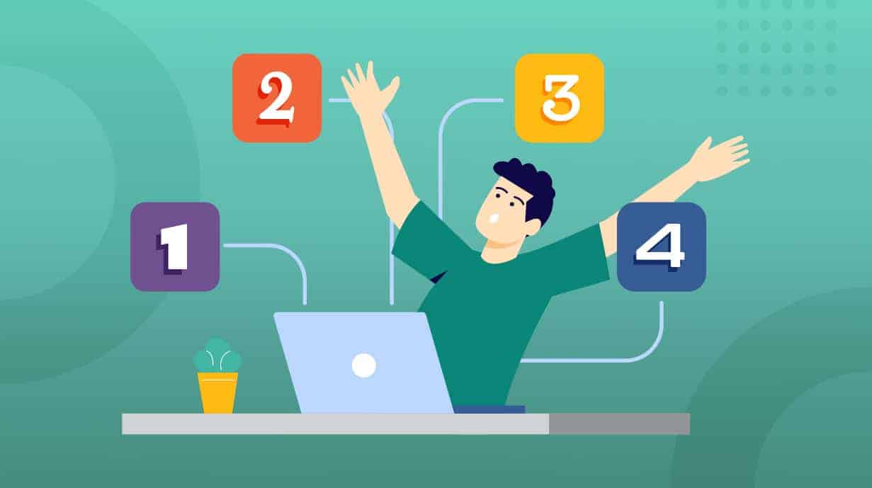 Cartoon image of man with laptop and the numbers 1-4 surrounding him