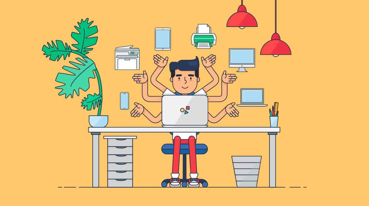 Cartoon image of man with 6 arms, each pointing to images of different inventory audit procedures, looking at his laptop screen