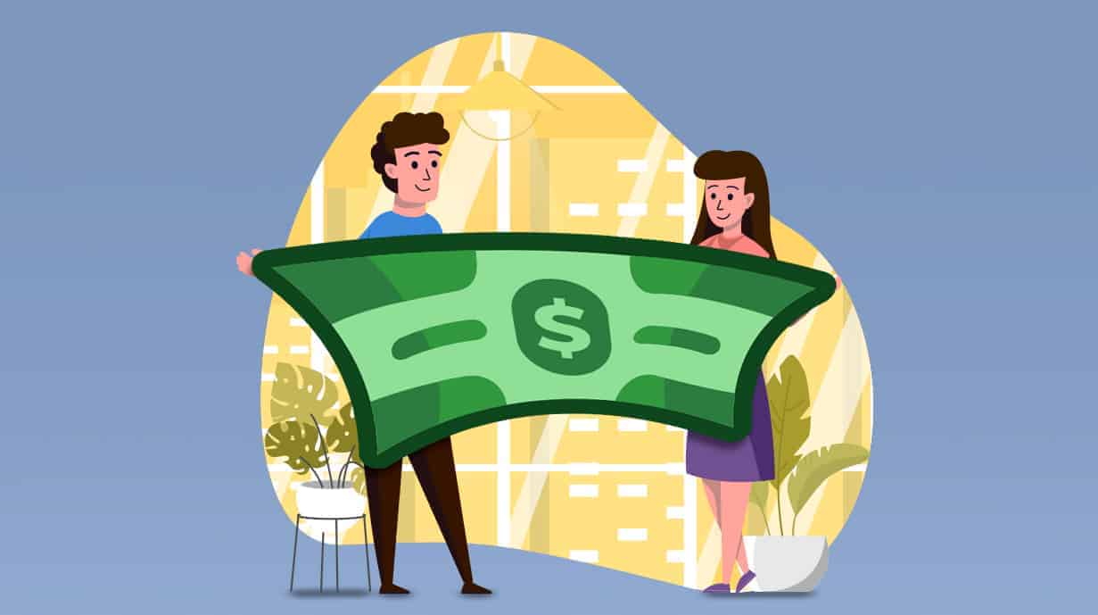 Cartoon image of two people holding a giant dollar bill together