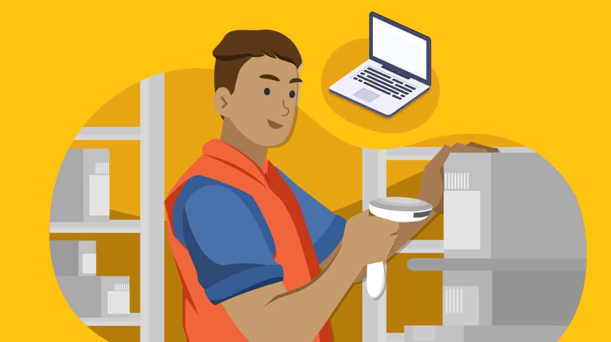 Cartoon image of a person scanning in school devices