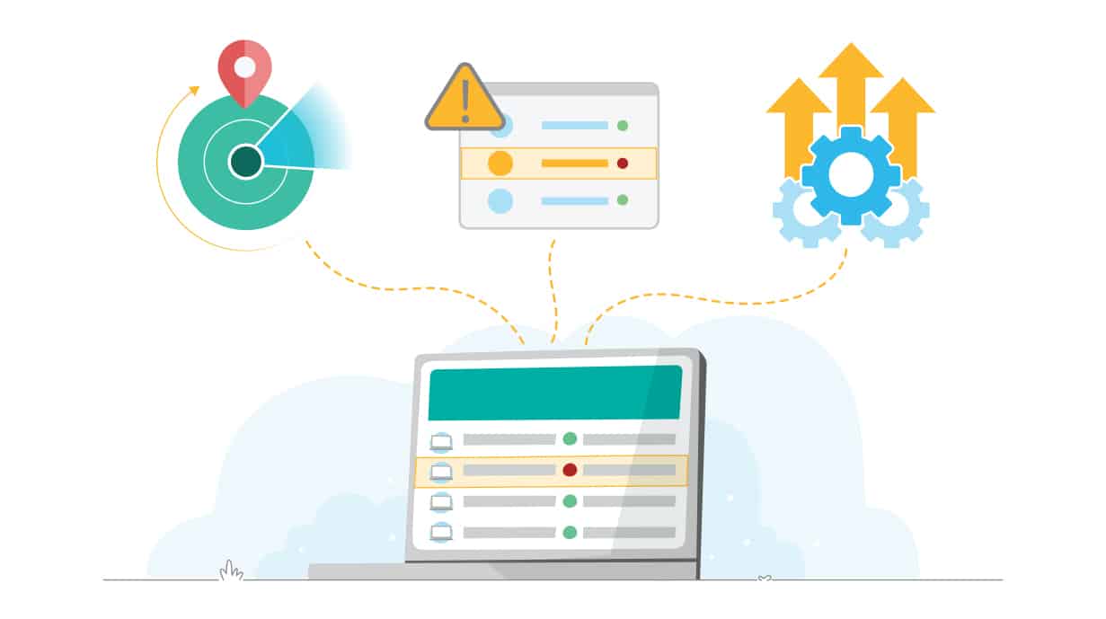 Cartoon image with location tagging, analytics, and workflow management icons stemming out from laptop screen