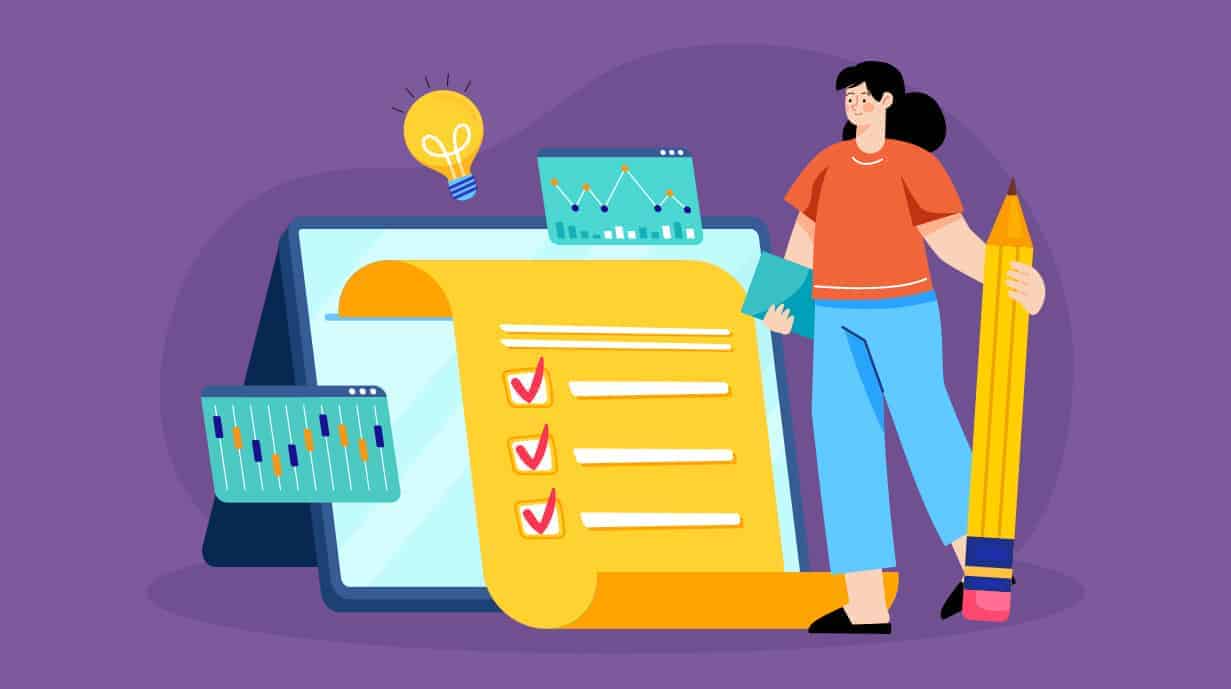 Cartoon image of woman holding life sized pencil and using life sized checklist