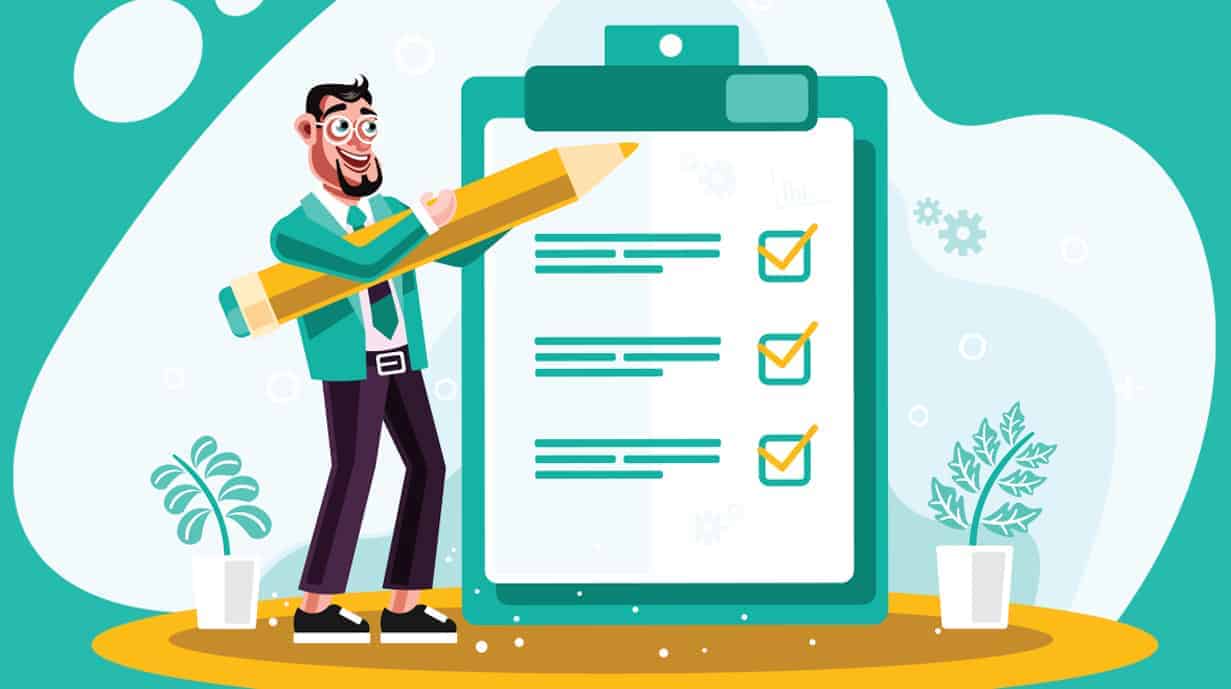 Cartoon image of man checking off life sized checklist with life sized pencil