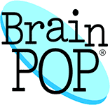 The logo features the text "BrainPOP" with "Brain" above "POP," overlaid on a tilted, light blue oval background. The font is modern and bold, creating a playful, educational brand image.