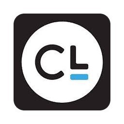 A black square features a white circle with the letters "CL" inside. The "L" has a short horizontal blue line beneath it, all against a solid black background.