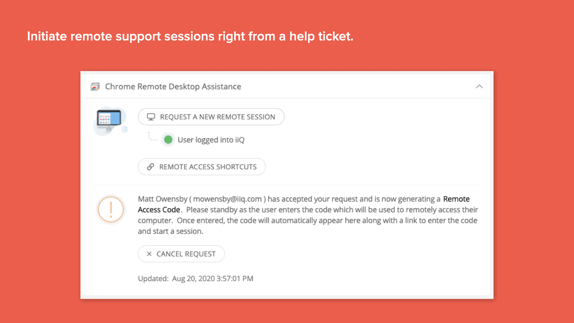 Incident IQ's desktop assistance screen with a update on an active ticket