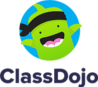 A green, smiling character with a black headband waves in front of a blue circle background. Below, "ClassDojo" is written in bold navy text.