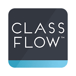 A square logo features the text "CLASS FLOW™" in uppercase white letters on a dark background, with a light blue stripe along the bottom.