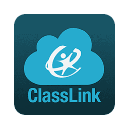 A blue cloud-shaped logo contains a stylized human figure in dynamic motion, suggesting activity or progress. Beneath the logo, the text reads "ClassLink" in a bold, modern font.