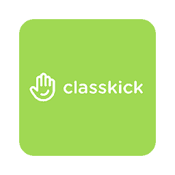 A white hand icon is positioned above the word "classkick" in white text, centered on a bright green square background.