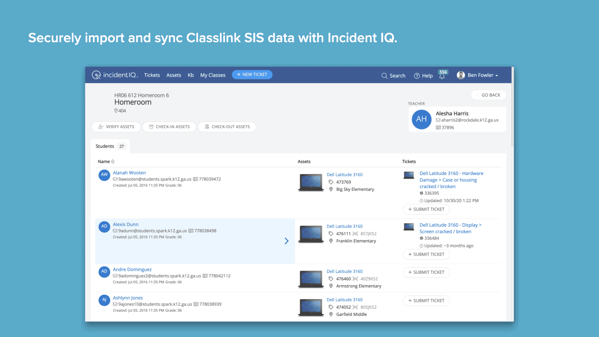 Blue background with Incident IQ's Classlink SIS data import and sync screen